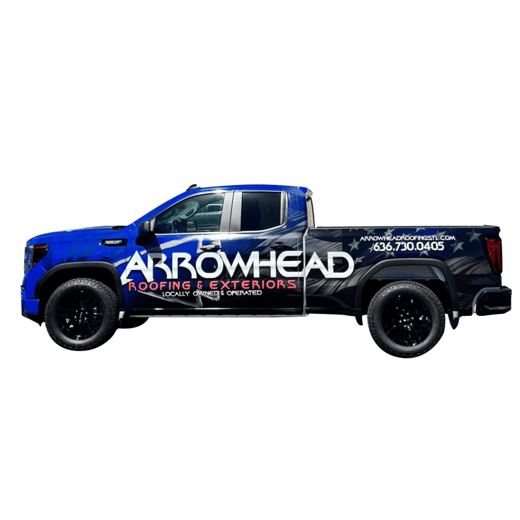 Arrowhead Roofing & Exteriors blue truck with contact info, serving roofing, siding, gutters in Greater St. Louis.